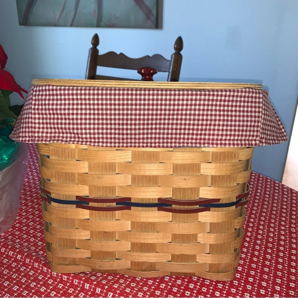 Peterboro Basket Co. NH Heart Knob Wood Covered Basket Gingham Denim Cloth